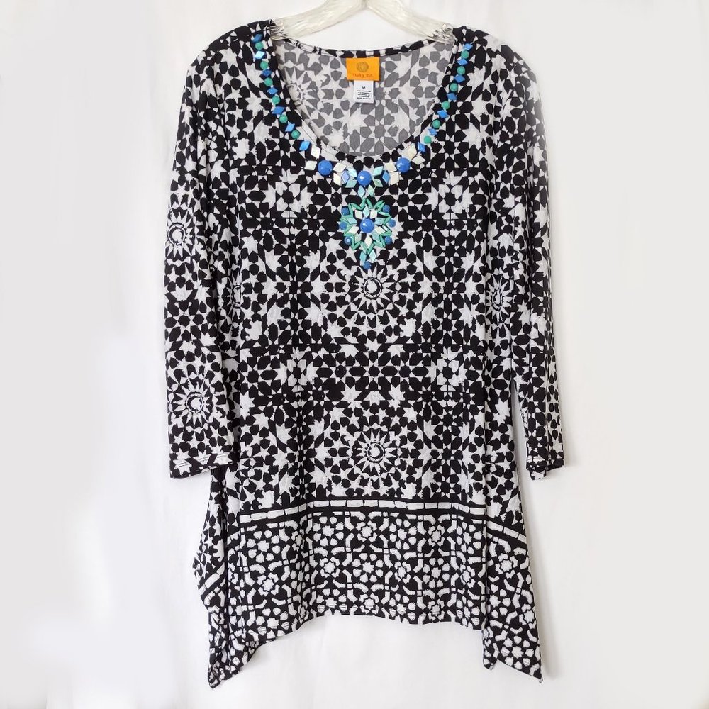 Womens Ruby Rd Black White Tunic Top M Medium Turquoise Embellished Aztec Beaded